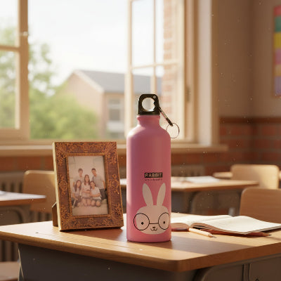 gourde isotherme 500ml lapin sur un bureau d'ecole