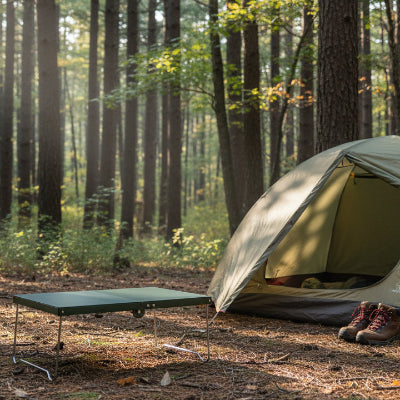 table camping vert en foret