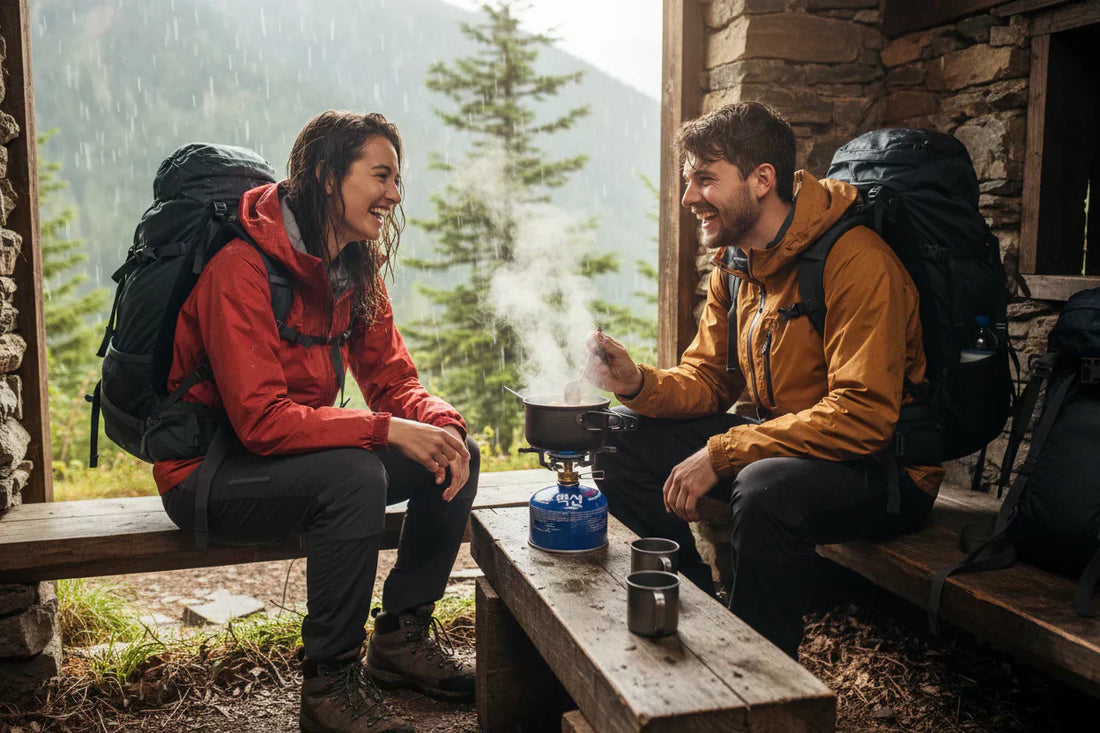 deux personne utilise un rechaud camping  en abris en foret 
