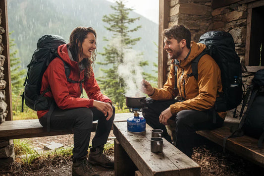 deux personne utilise un rechaud camping  en abris en foret 