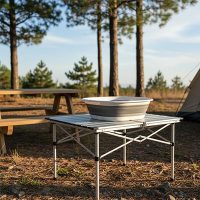 bassine pliable camping sur table de camping