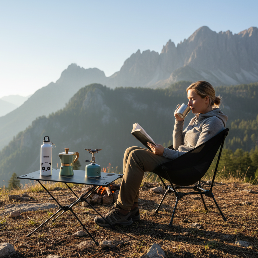 une femme boit son café de sa cafetiere italienne induction en montagne