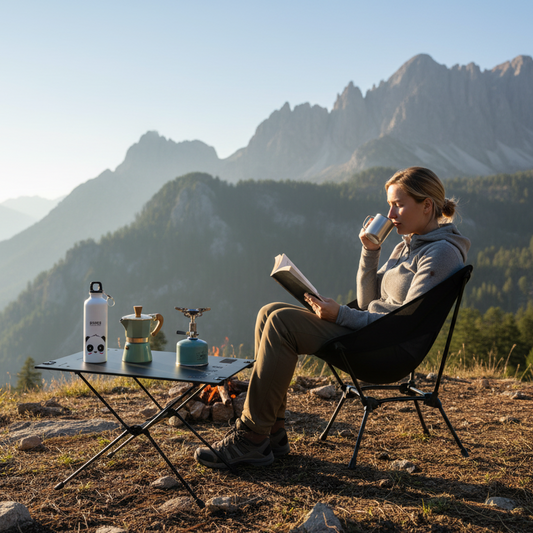 une femme boit son café de sa cafetiere italienne induction en montagne