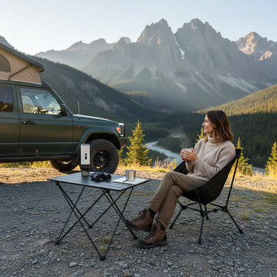 Une femme boit son café de sa cafetière portable en montagne