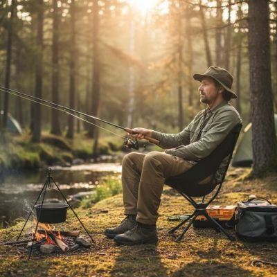 chaise camping homme pêche dans un ruisseau