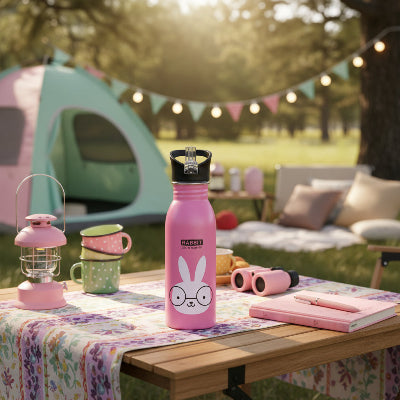gourde enfant 500 ml lapin rose en camping
