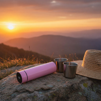 gourde isotherme 500 ml rose devant coucher de soleil en pleine nature