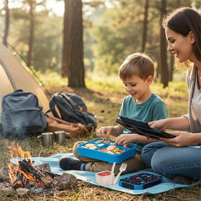 Lunch box enfant camping en foret avec sa mere 