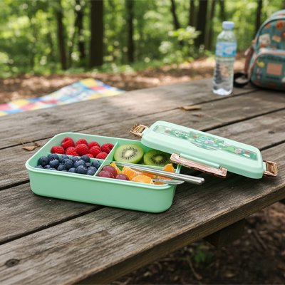 lunch box enfant sur une table de camping