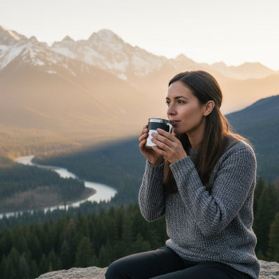 Une femme boit son mug devant les montagne
