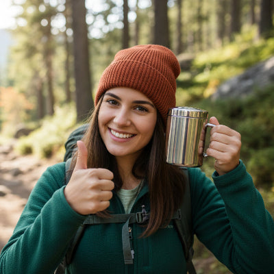 mug de voyage entre les mains d'une randonneuse.