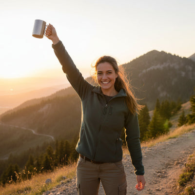 une randonneuse joyeuse d'avoir son mug de voyage