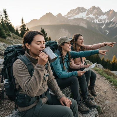 une randonneuse savoure son breuvage dans son mug de voyage