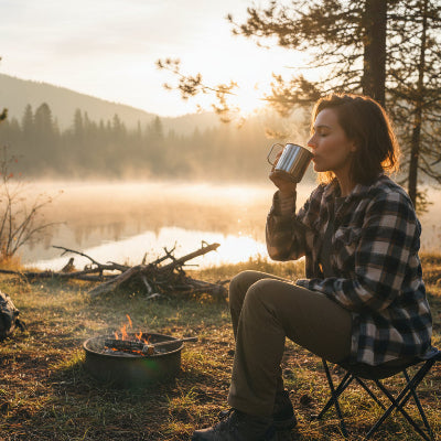 Une femme boit son café en camping de son mug de voyage.
