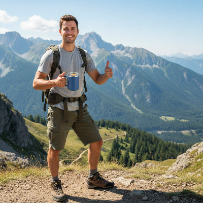 un randonneur satisfait d'avoir son mug isotherme