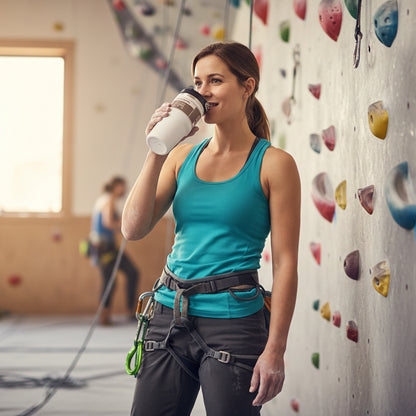 une femme bois dans son mug isotherme en escalade