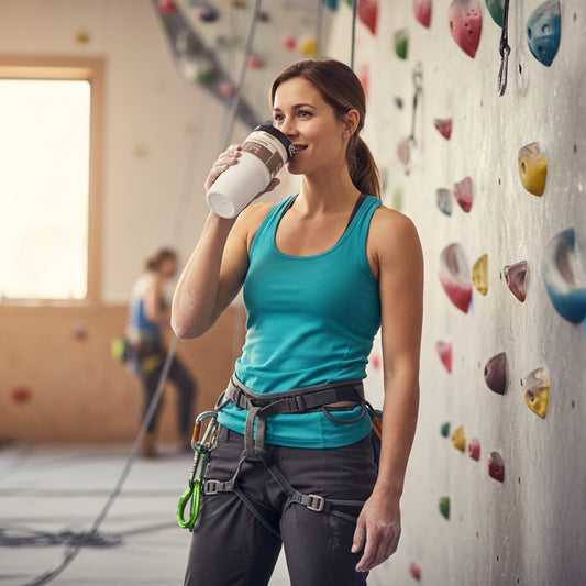 une femme bois dans son mug isotherme en escalade