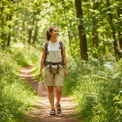 femme qui marche en foret avec son mug thermos