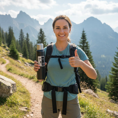 randonneuse joyeuse d'avoir son mug thermos