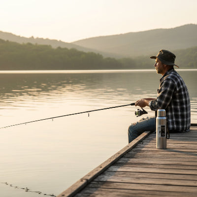 homme a la peche avec son thermos