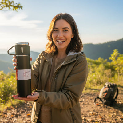 une femme montre son mug thermos