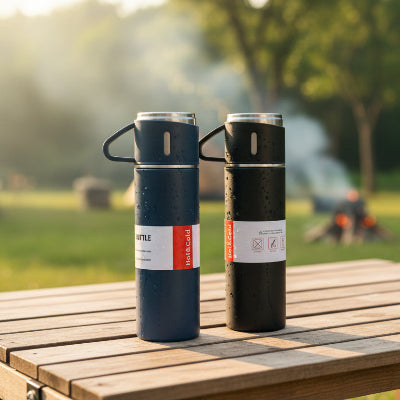 mug thermos en camping noir et bleu