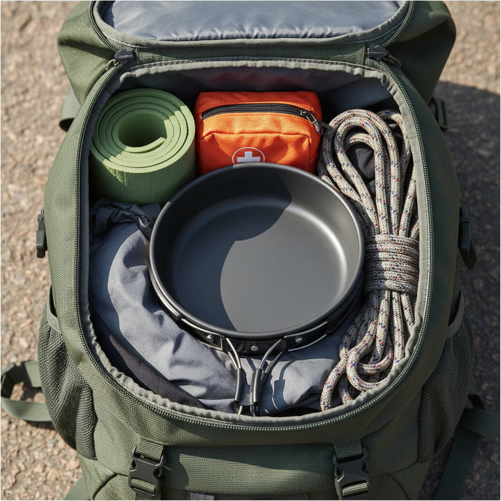 popote camping a l'interieur d'un sac a dos 