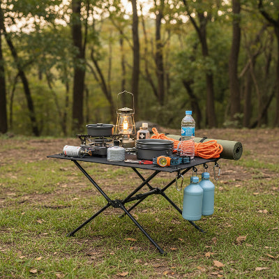 table camping avec matériel de camping dessus 