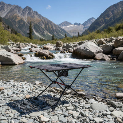 table pliante camping au bord d'une riviere naturel