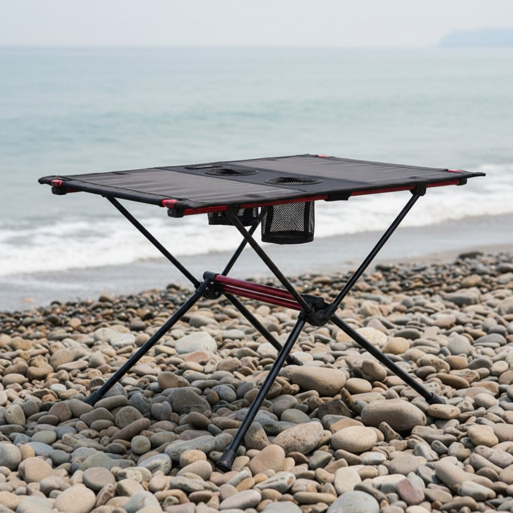table pliante camping au bord de la plage rocailleuse