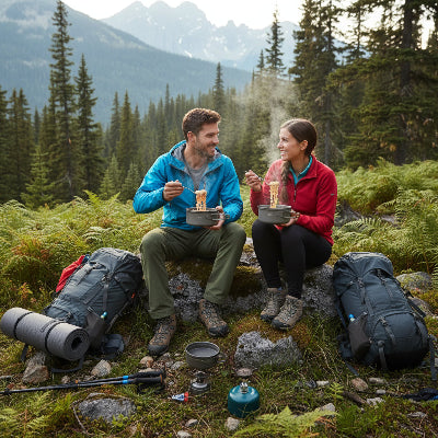 un couple mange en rando vaisselle camping